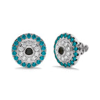 A pair of round natural black and blue treated diamond earrings set in a micro-split and bezel design.
