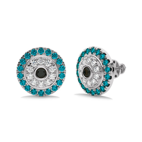 A pair of round natural black and blue treated diamond earrings set in a micro-split and bezel design.