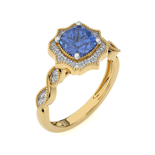 Aurora Bloom  Cushion Tanzanite and Natural Diamond Entwined shank Vintage Engagement Ring.