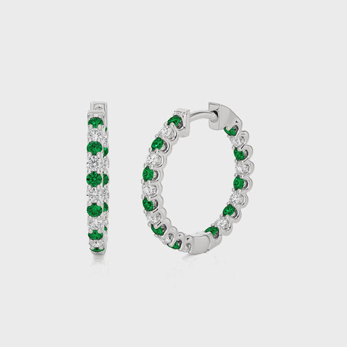 1 CT Emerald Diamond Inside Out Hoop Earrings