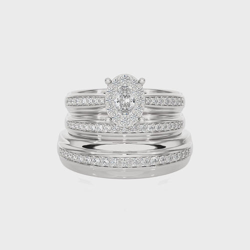 3/4 CT. His and Her Oval Shape Oval and Round Lab Created Diamond Wedding Trio band Ring Set