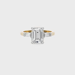 Three Stone Emerald and Taper Baguette Lab Created Diamond Engagement Ring