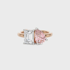 Stylist Toi et Moi Emerald and Pink pear Lab created duo stone Engagement Ring.