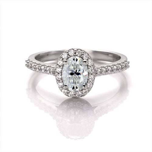 Radiant Rhapsody Oval Moissanite Halo Style Engagement Ring in Sterling Silver