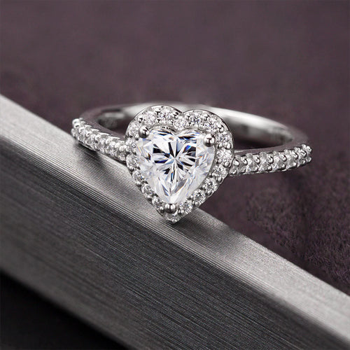 Captivating Romance Heart Shape Halo Style Moissanite Serenity Engagement Ring in Sterling Silver