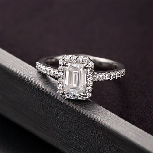 Enchanted Bliss Emerald Cut Moissanite Halo Style Engagement Ring in Sterling Silver