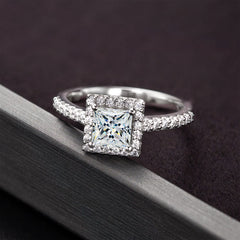 Vintage Timeless Classic Square Halo Style Princess Cut Moissanite Engagement Ring in Sterling Silver