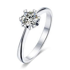 Designer Round Solitaire Moissanite Embellished Prong Tapered Shank Engagement Ring in Sterling Silver