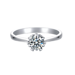 Designer Round Solitaire Moissanite Embellished Prong Tapered Shank Engagement Ring in Sterling Silver