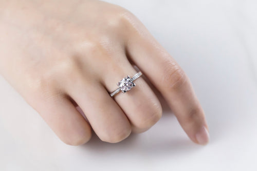 Classic Graceful Solace Round Moissanite Solitaire Engagement Ring in Sterling Silver with Studded shank