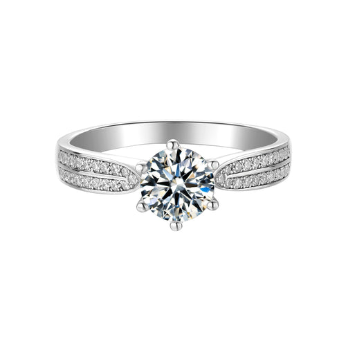 Astral Aura Round Moissanite Six Prong Set Sovereignty Solitaire Engagement Ring with Side Studded shank in Sterling Silver
