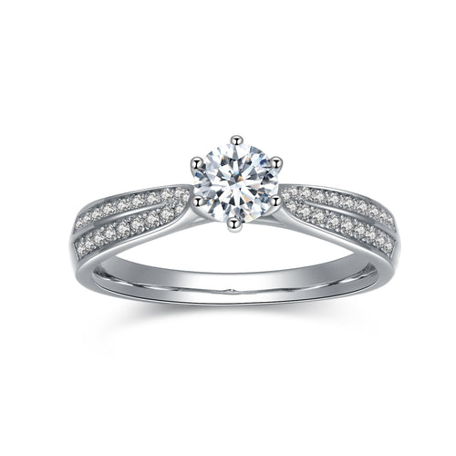 Double Row Shank Studded Six Prong Set Solitaire Moissanite Engagement Ring in Sterling Silver