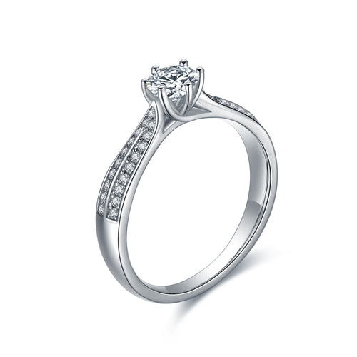 Double Row Shank Studded Six Prong Set Solitaire Moissanite Engagement Ring in Sterling Silver