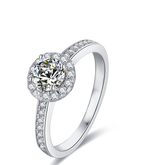 Scintillating Round Moissanite Halo Style with Side shank Mounts Engagement Ring on Sterling Silver