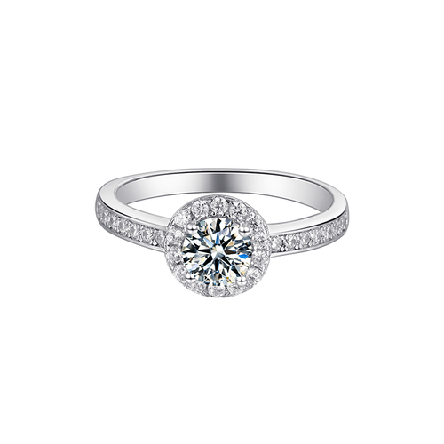 Scintillating Round Moissanite Halo Style with Side shank Mounts Engagement Ring on Sterling Silver