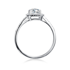 Contemporary Cushion Shape Symphony Round Moissanite Halo Engagement Ring in Sterlng Silver