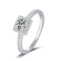 Fulgid Round Moissanite Square Top Halo Style Engagement Ring in Sterling Silver with Studded Side Shank
