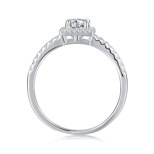 Fulgid Round Moissanite Square Top Halo Style Engagement Ring in Sterling Silver with Studded Side Shank