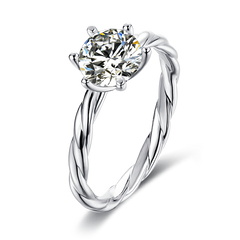 Twist Shank Elegant Six Prong Set Classic Round Solitaire Moissanite Engagement Ring in Sterling Silver