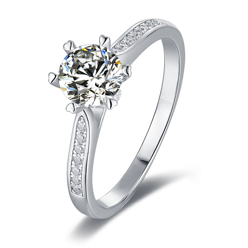 Vintage Style Elite Round Solitaire Moissanite Essence Engagement Ring in Sterling Silver with Side Studded shank