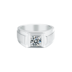 Classic Four-Prong Set Solitaire Round Moissanite Signet Style Men's Ring in Sterling Silver