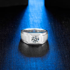 Classic Four-Prong Set Solitaire Round Moissanite Signet Style Men's Ring in Sterling Silver