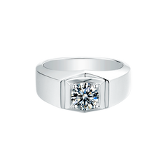 Contemporary Style Four-Prong Set Solitaire Round Moissanite Men's Signet Ring in Sterling Silver