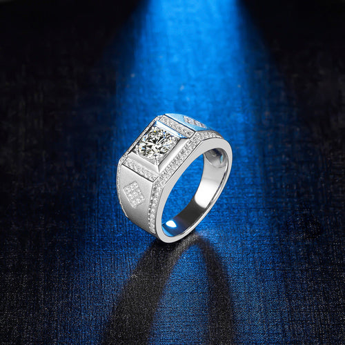 Timeless TwilightElegance Four-Prong Set Round Moissanite Men's Ring in Sterling Silver