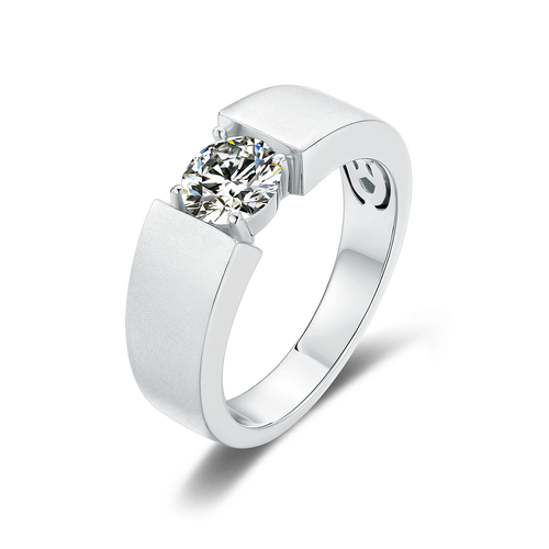Classic Tension Set Solitaire Round Moissanite Men's Ring in Sterling Silver