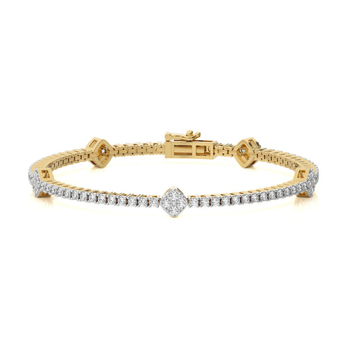 Sculpted Splendor Eco-Friendly Natural Diamonds Studded Cushion Shaped Motifs Linked Gold Station/Tennis Bracelet with Clasp Lock
