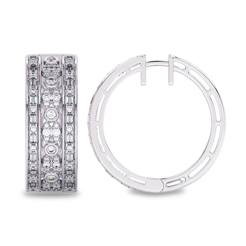 1 1/2 CT. Natural Round and Baguette Diamond Studded Hoop Earrings