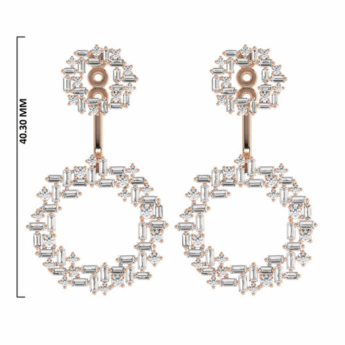 2 3/4 CT. Natural Round and Baguette Diamond Studded Designer Cubism Circular Dangling Hoop Earrings