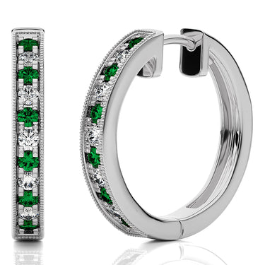 2/3 Carat Natural Emerald Hoop Earrings in 14K White Gold with Diamonds 1/6 Carat