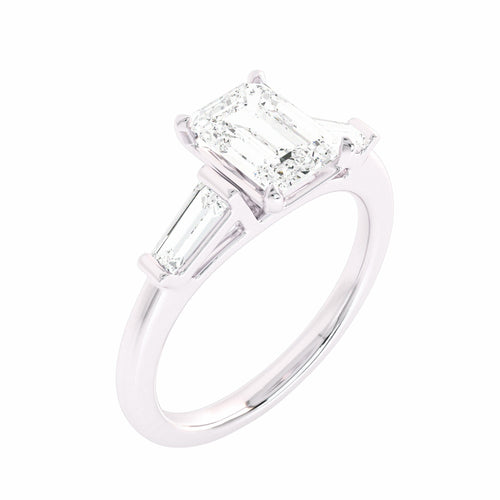 Three Stone Emreald and tapper baggutte Lab created Diamond Engagement Ring