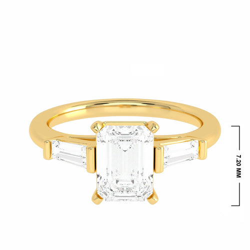 Three Stone Emreald and tapper baggutte Lab created Diamond Engagement Ring