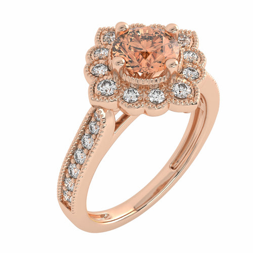 Pink Petal Round Morganite and Natural Diamond Vintage Engagement Ring.