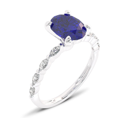 Elegance Oval Blue Sapphire and Marquise Shank Natural Diamond Engagement Ring.