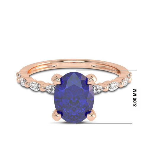 Elegance Oval Blue Sapphire and Marquise Shank Natural Diamond Engagement Ring.