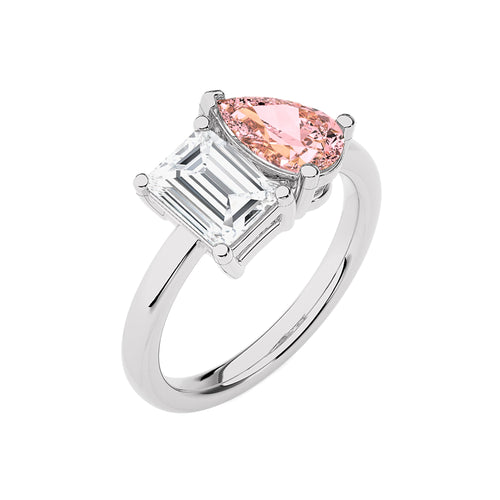 Stylist Toi et Moi Emerald and Pink pear Lab created duo stone Engagement Ring.