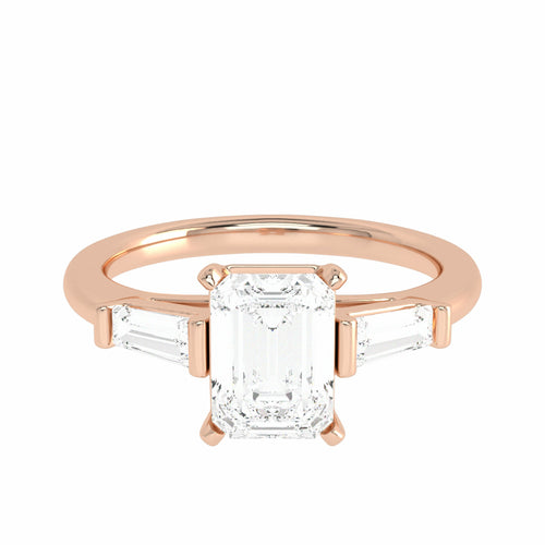 1 1/2 CT. Three Stone Emreald and tapper baggutte Lab created Diamond Engagement Ring