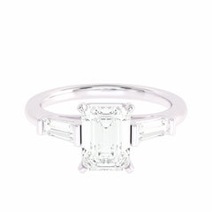 1 1/2 CT. Three Stone Emreald and tapper baggutte Lab created Diamond Engagement Ring