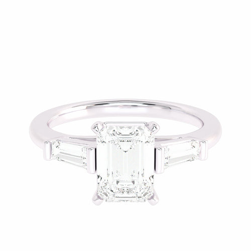 1 1/2 CT. Three Stone Emreald and tapper baggutte Lab created Diamond Engagement Ring