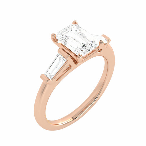 1 1/2 CT. Three Stone Emreald and tapper baggutte Lab created Diamond Engagement Ring