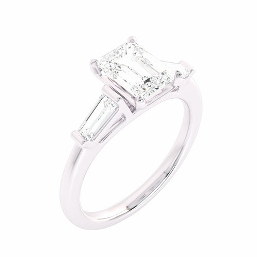 1 1/2 CT. Three Stone Emreald and tapper baggutte Lab created Diamond Engagement Ring