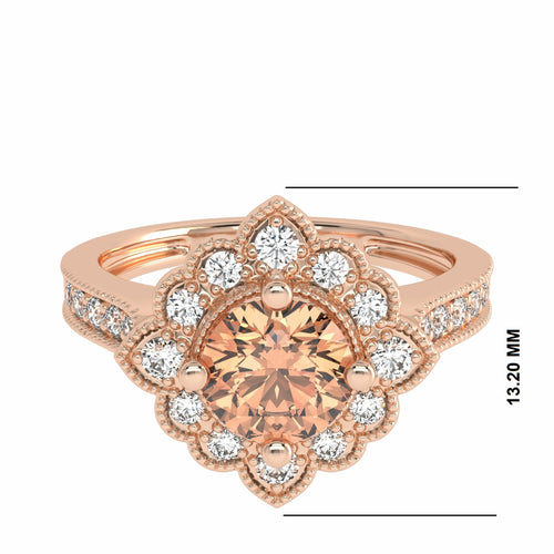 Pink Petal Round Morganite and Natural Diamond Vintage Engagement Ring.