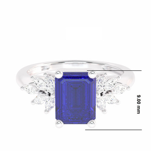 Azure Affection Emerald Cut Blue Sapphire and Marquise Natural Diamond Engagement Ring.