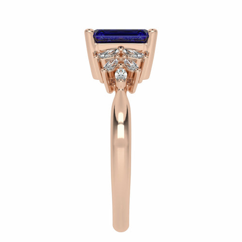Azure Affection Emerald Cut Blue Sapphire and Marquise Natural Diamond Engagement Ring.
