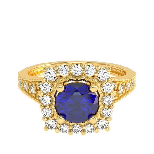 Retro Romance Round Blue sapphire and Natural Diamond Vintage inspired Engagement Ring.