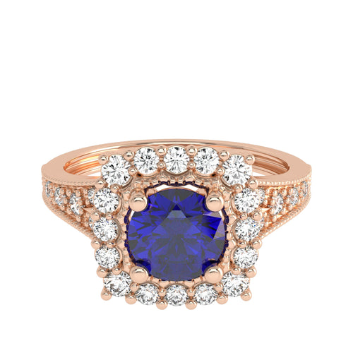 Retro Romance Round Blue sapphire and Natural Diamond Vintage inspired Engagement Ring.