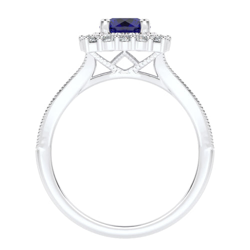 Retro Romance Round Blue sapphire and Natural Diamond Vintage inspired Engagement Ring.